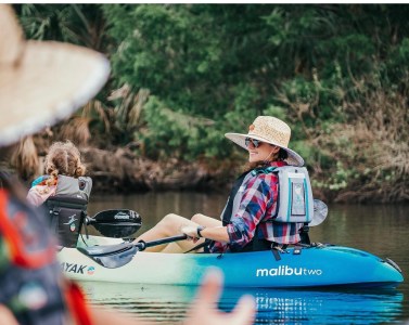 a group of people riding on the back of a boat